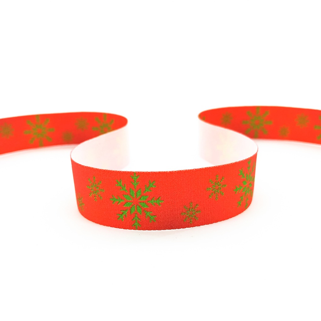 str-113 Стрічка з друком святкова сніжинки червоні зелені - Зображення 1