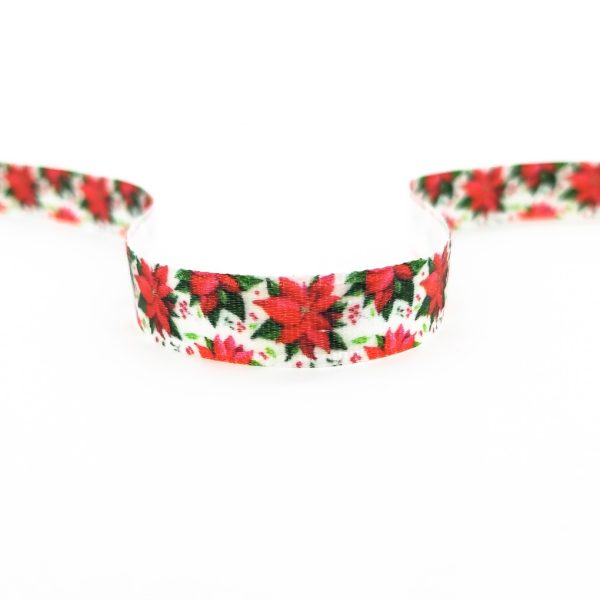 Стрічка з друком атласна новорічна 8147356/10 червоні квіти